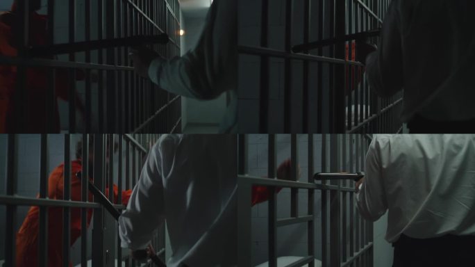 手持警棍的狱警注视着牢房里的罪犯