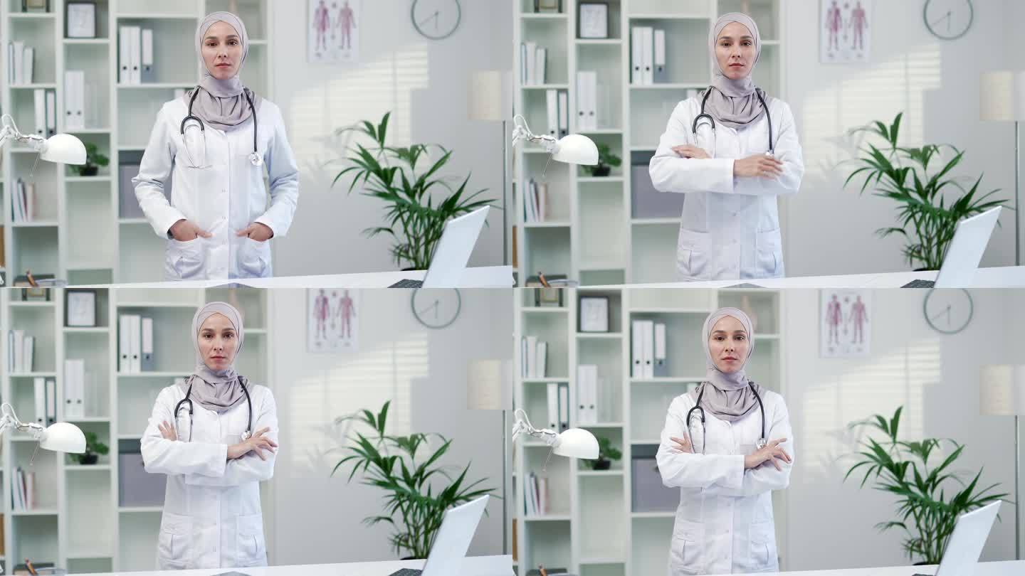 严肃自信的女医生肖像，穿着白大褂，带着听诊器，在现代医院的诊所里看着相机