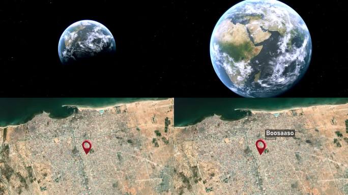 布萨阿索城市地图从太空到地球缩放，索马里