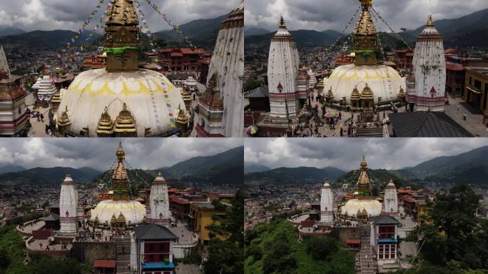 加德满都著名的西藏朝圣寺庙Swayambhu鸟瞰图。无人机在Swayambhunath看到佛陀的眼睛
