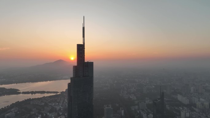 航拍江苏南京紫峰大厦日出紫金山风景