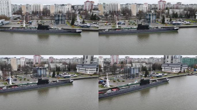 俄罗斯加里宁格勒港的普雷戈利亚河上的黑色潜艇。有选择性的重点