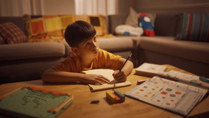 一个聪明的小男孩在客厅里勤奋地做作业的晚照。专注儿童学习，学习最好的成绩，写数学答案。高成就的韩国孩