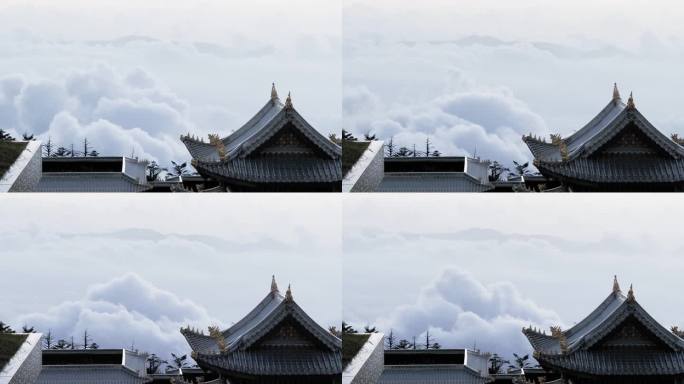 峨眉云移动的4k延时镜头，以山脉为背景，中国传统建筑为前景，高角度云海。