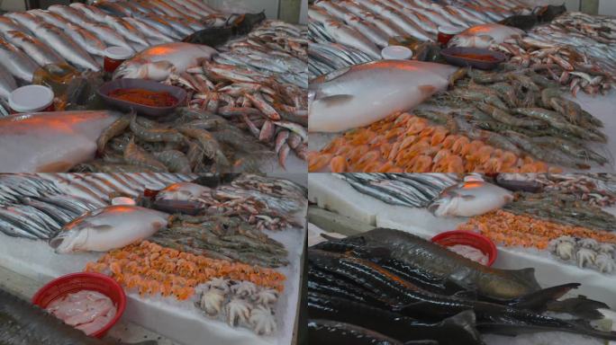 各种海鱼在冰上市场商店总览。金头，鲟鱼，鲻鱼，红鲻鱼，鳟鱼，鲑鱼。海鲜及鱼类背景