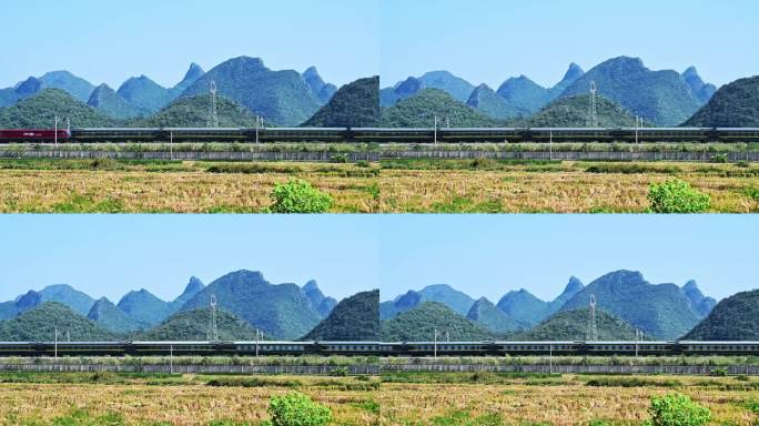 万里无云天空下山边铁路上行驶的客运火车