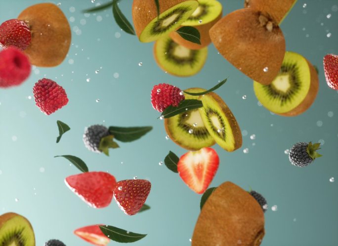 奇异果、草莓、树莓、气泡水果水下旋转特写