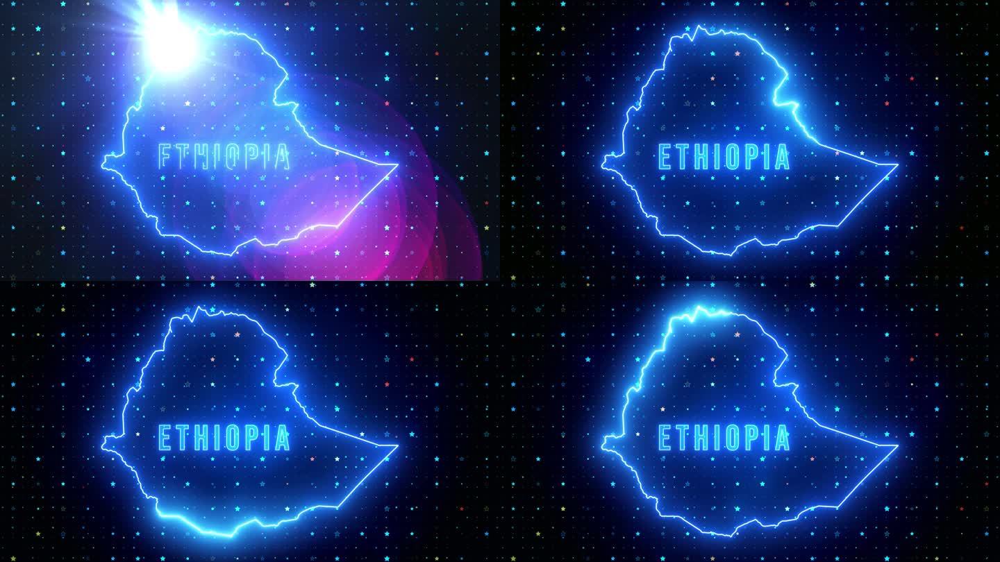 未来的蓝色闪耀埃塞俄比亚轮廓地图和标签文本发光霓虹灯耀斑运动揭示与星星闪耀网格