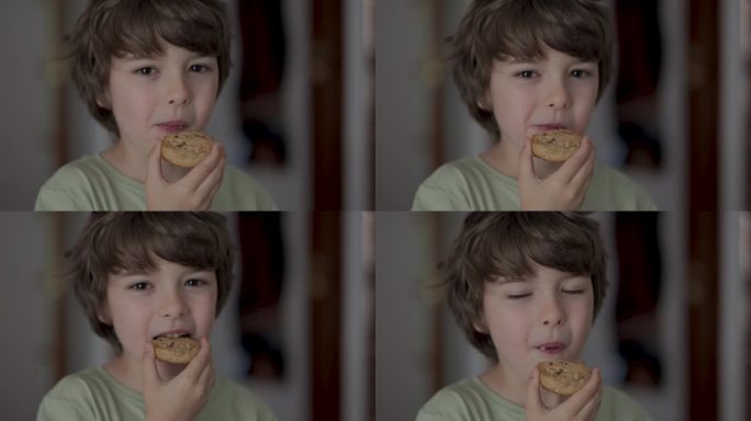 吃饼干的小男孩。看着镜头，微笑着。可爱的孩子饥饿吃饼干享受美味的治疗在家里的厨房。垃圾食品，不健康的
