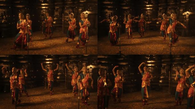 迷人的慢动作写照展示了一个活泼的印度妇女在一个空的历史寺庙里欢快地跳传统的民间舞蹈。充满活力和迷人的