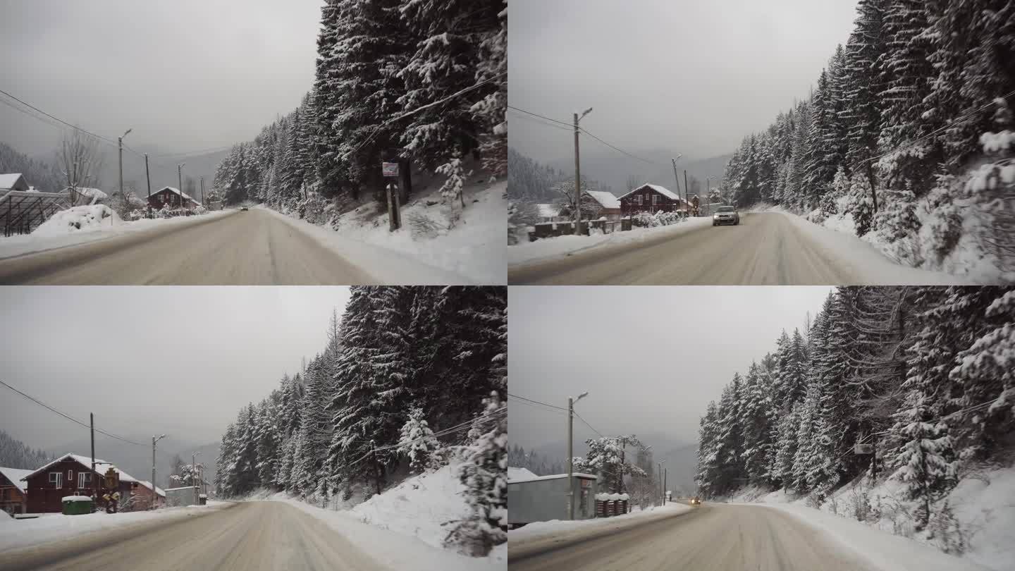 雪山公路沿路移动，美丽的冬季景观