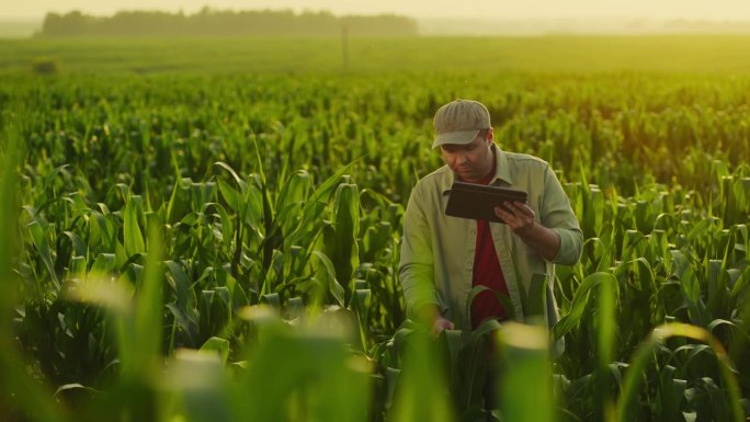 农学家在田间检查玉米植株，在药片上做笔记，农业综合技术