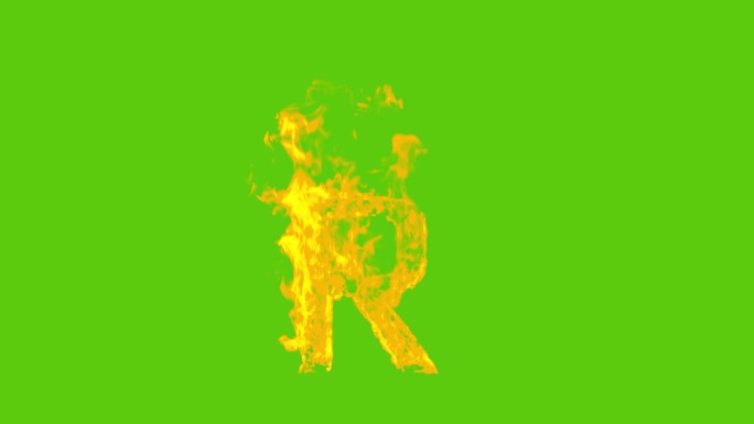 大型英文字母在火中燃烧孤立的绿色屏幕，色度键，英文字母
