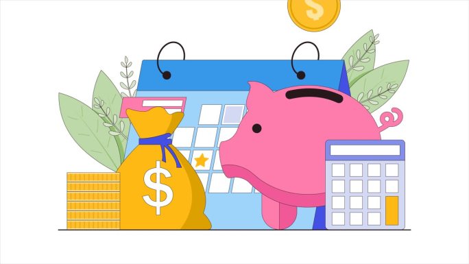动画片段的小猪储蓄罐，钱，计算器和日历。计算工资，工资或税收，财务管理概念。