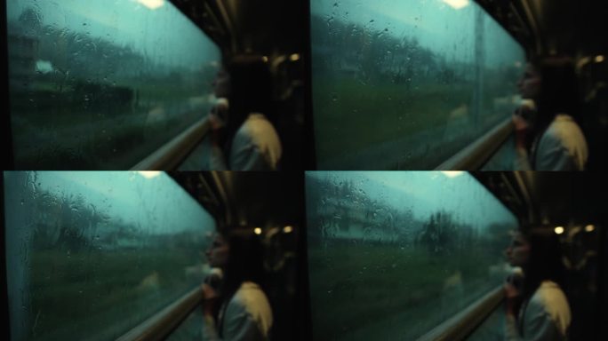 火车窗外下着大雨。女人或女孩站在窗边，看着雨滴顺着玻璃流下来。在雨中乘火车去山里旅行的梦幻气氛。