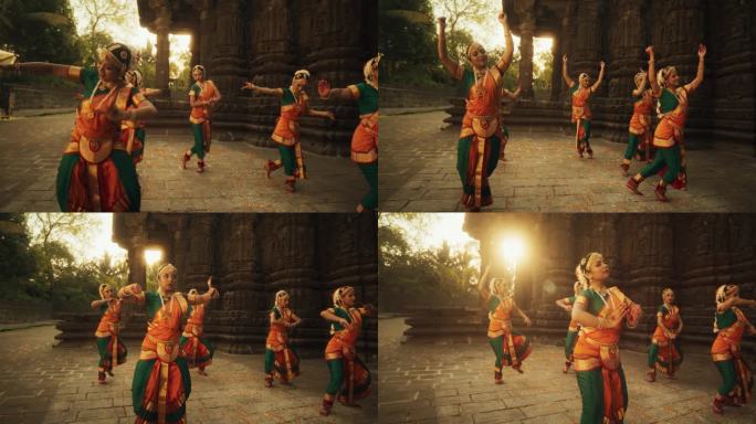 一个印度女孩在一座古老的寺庙里练习婆罗檀的戏剧表演。富有表现力的年轻女性穿着五颜六色的传统纱丽舞蹈