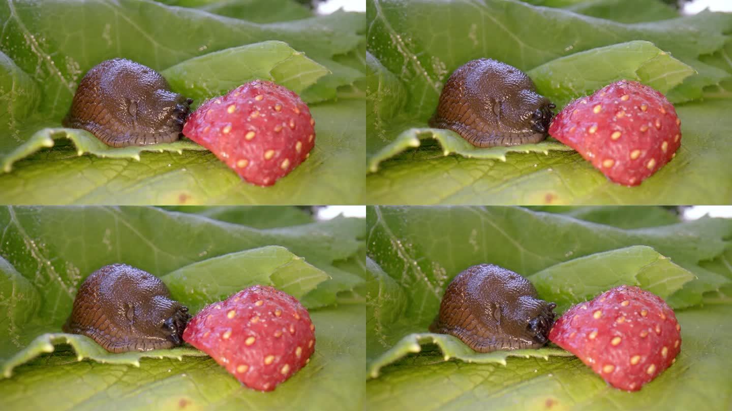 西班牙蛞蝓，arion vulgaris，吃草莓。灰色背景上，一只西班牙鼻涕虫正在快速进食浆果。西班