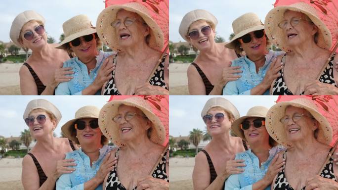 在夏季的户外休闲活动中，大龄妇女们带着衣服和配饰，微笑着，友谊地在一起。老年退休生活方式的女性人群。