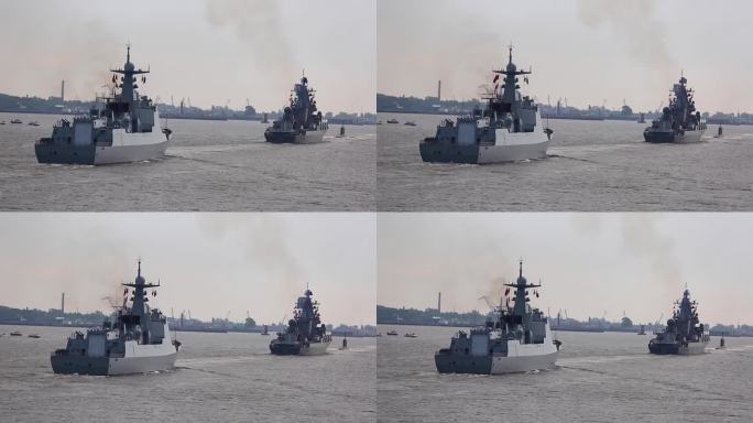 远眺俄罗斯海军前方防线，现代化的俄罗斯海军战列舰军舰排成一排，北方舰队和波罗的海舰队，在夏日晴朗的日