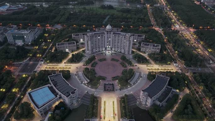 航拍上海松江区人民政府夜景