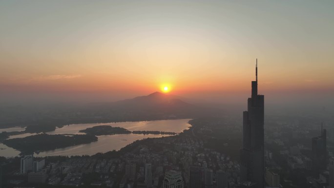 航拍江苏南京紫峰大厦日出紫金山风景