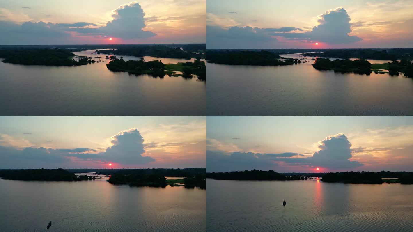 亚马孙雨林水丛林的空中日落美景