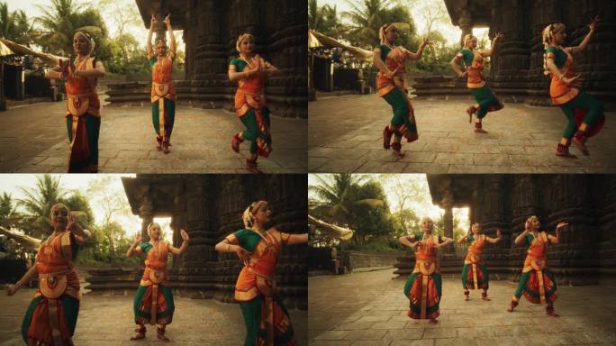 印度女孩在一座古老的寺庙里练习婆罗那提姆艺术的戏剧表演。富有表现力的年轻女性穿着五颜六色的传统纱丽舞