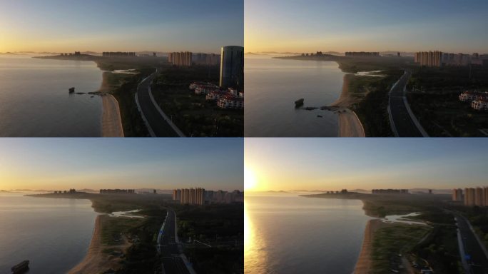 烟台滨海黄金水岸  清晨海面城市