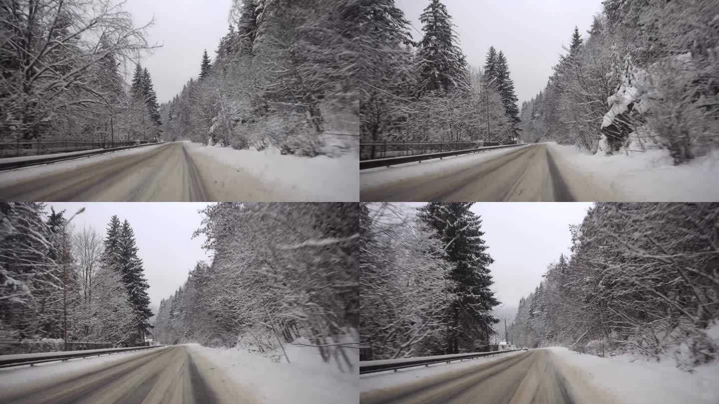 雪山公路沿路移动，美丽的冬季景观