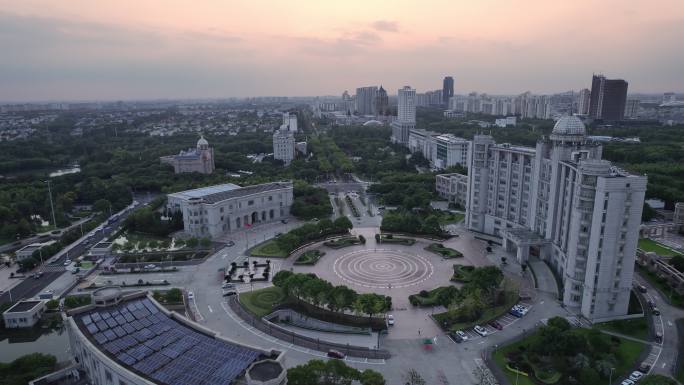 航拍上海松江区人民政府日落风光