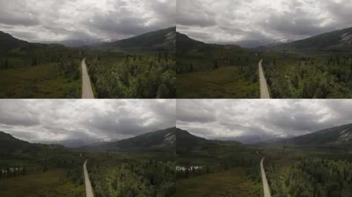 一条乡村公路穿过挪威森林的电影后拉镜头，远处有山，天空有云。