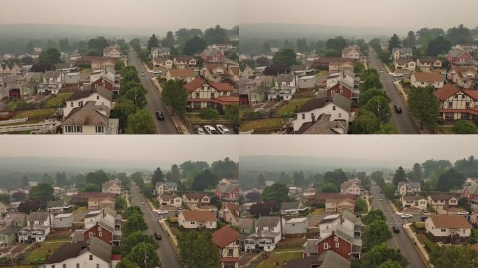 火灾后的富裕社区和空气污染问题。吉姆·索普在阿巴拉契亚山脉的丘陵景观，波科诺斯，宾夕法尼亚州。航拍镜