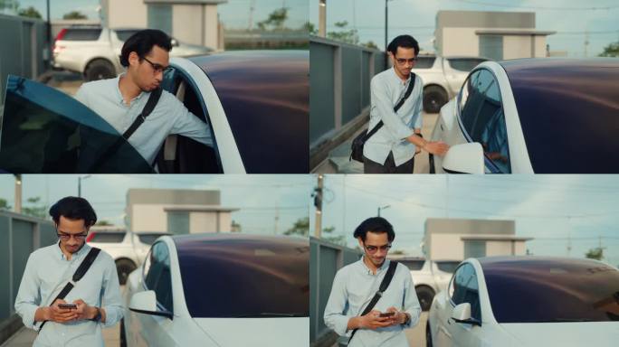 年轻的亚洲男人用你的智能手机解锁你的车
