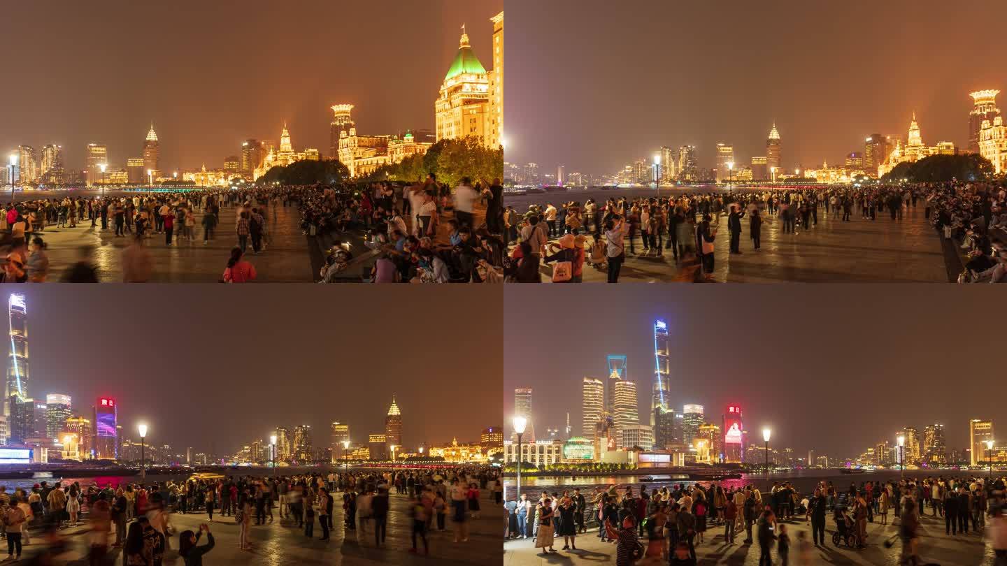 上海外滩热闹旅游人潮夜景延时摄影