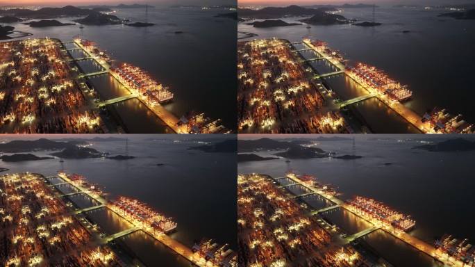 宁波舟山北仑港集装箱码头航拍夜景