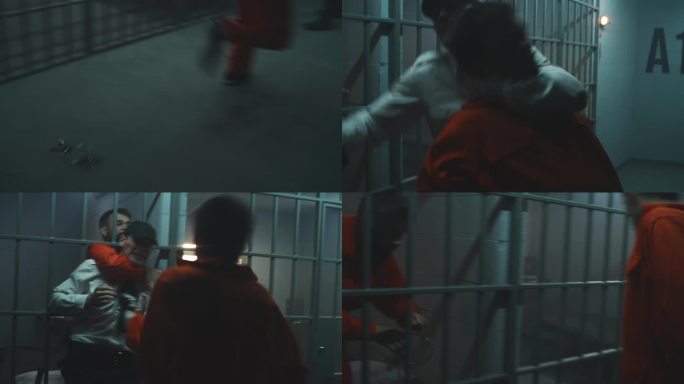 身穿橙色制服的囚犯与狱卒打斗，越狱