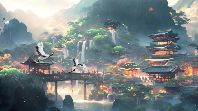 中国风绝美仙境宫殿层叠山水风光场景大屏2