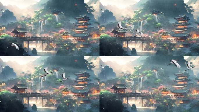 中国风绝美仙境宫殿层叠山水风光场景大屏2