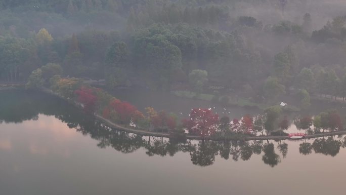 航拍南京前湖公园日出晨雾