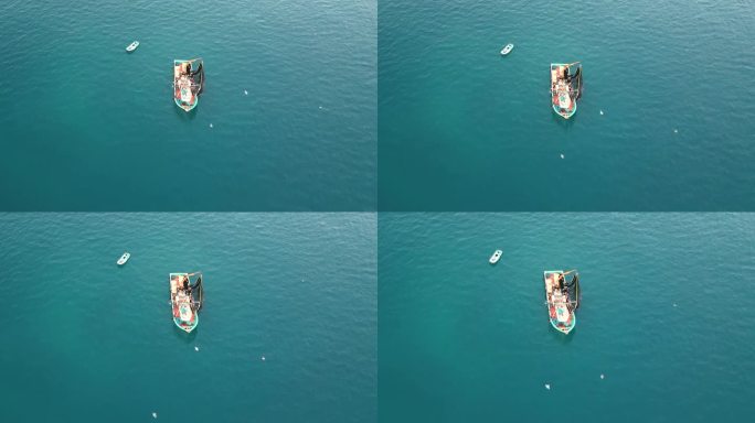在阿尔及利亚的地中海，从一艘拖网渔船的上方飞过，渔船正拉着你装满沙丁鱼的网。
