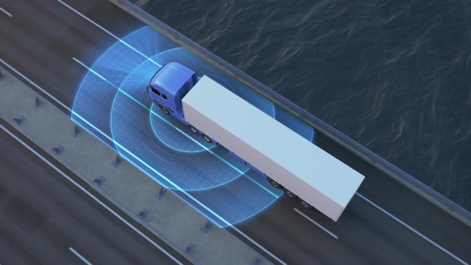 自动驾驶电动半挂车行驶在装有传感器扫描道路的桥梁上