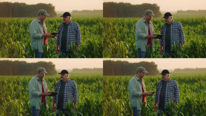 农民咨询农艺师，两个男人在玉米田的夏天，专业农业学家