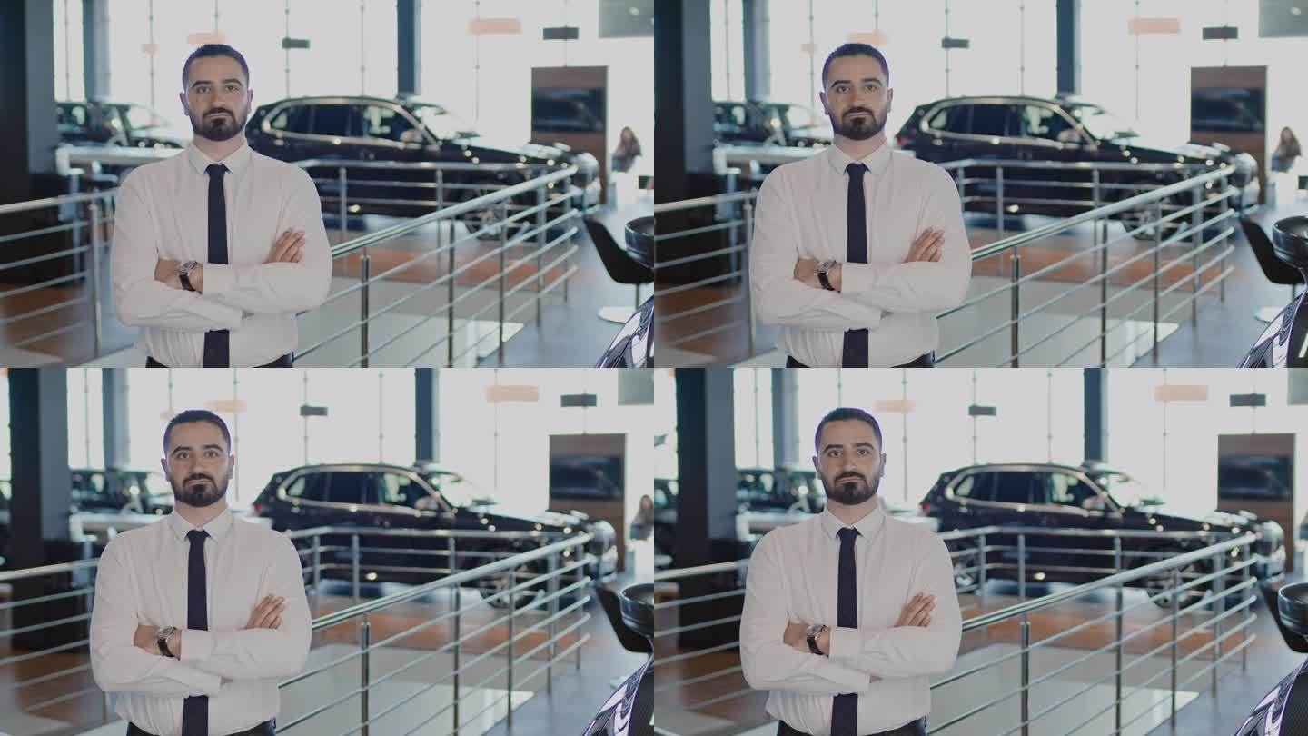 自信的中东男性汽车经销商销售经理的肖像