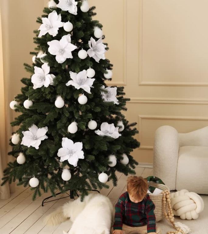 金发小男孩坐在圣诞树旁边，房间里放着白色的花，和白色的牧羊犬一起用手机看动画片