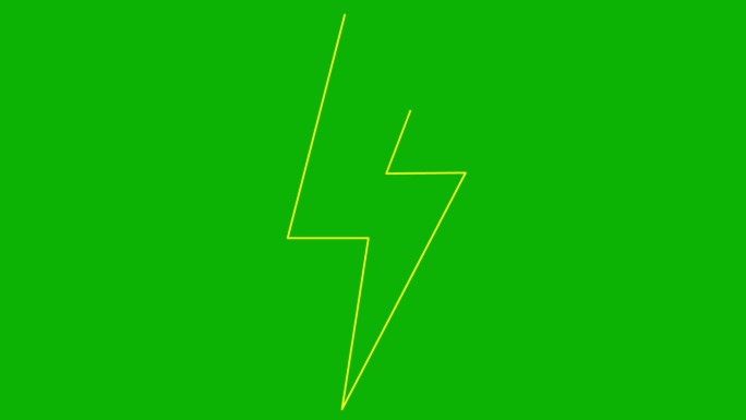 动画线性黄色闪电符号。线能量图标的权力。电闪光。标志是逐渐画出来的。矢量插图隔离在绿色背景上。