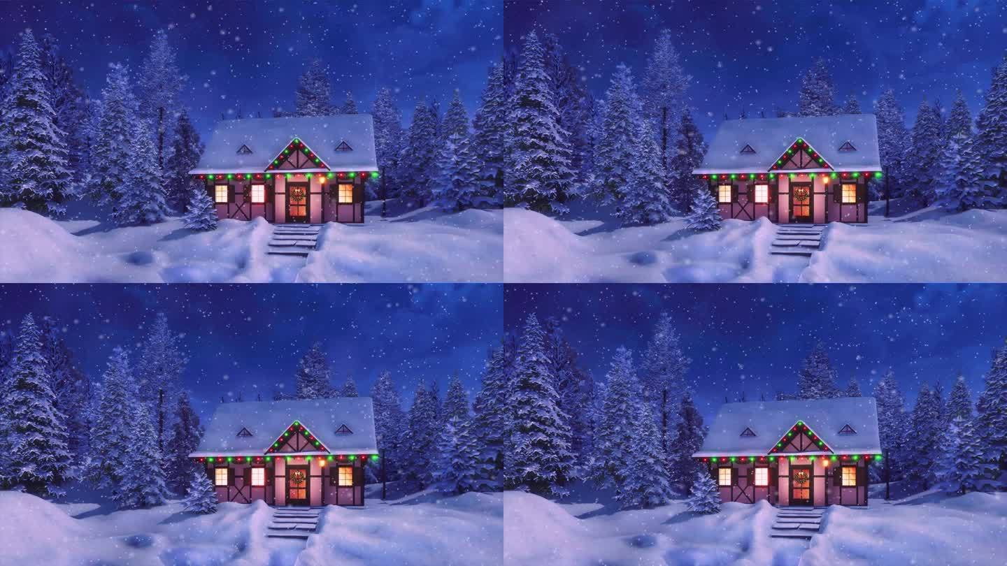 在下雪的冬夜为圣诞节装饰的半木结构乡村房屋