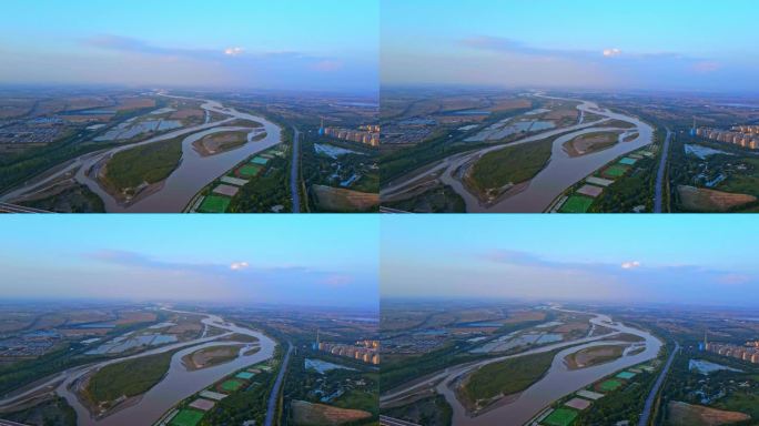 大桥河流城市-黄河绿洲平原航拍