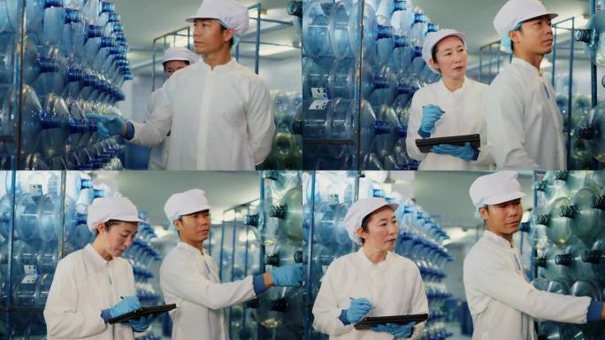进入细致检查的世界，在水瓶工厂，专业知识，团队合作和对细节的关注汇聚。在装水前，营养师工人和女检查员