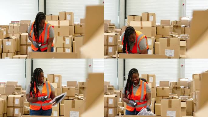 女工在配送中心包装货物
