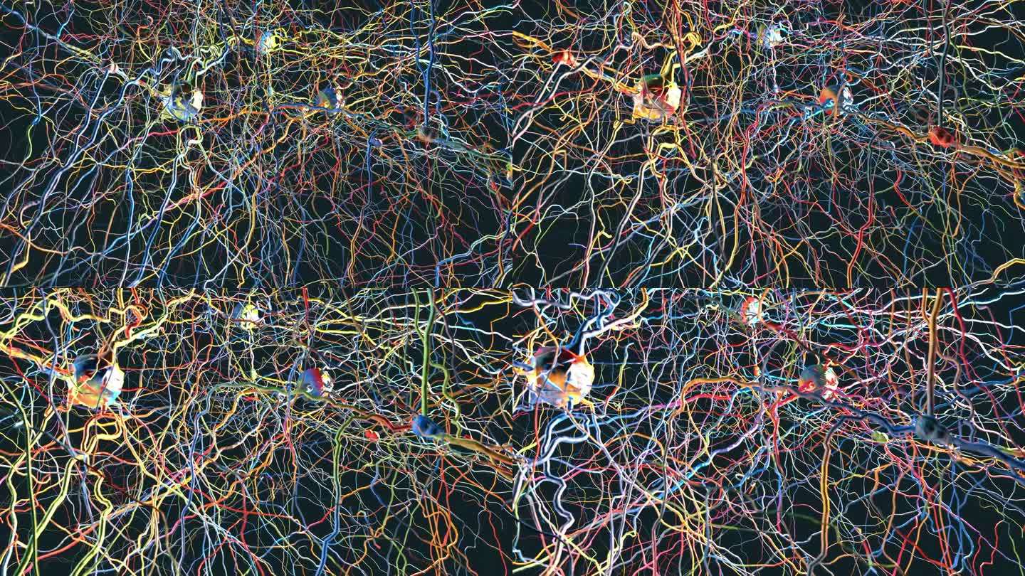 缓慢飞行通过微观神经网络与神经元连接和神经元-三维插图